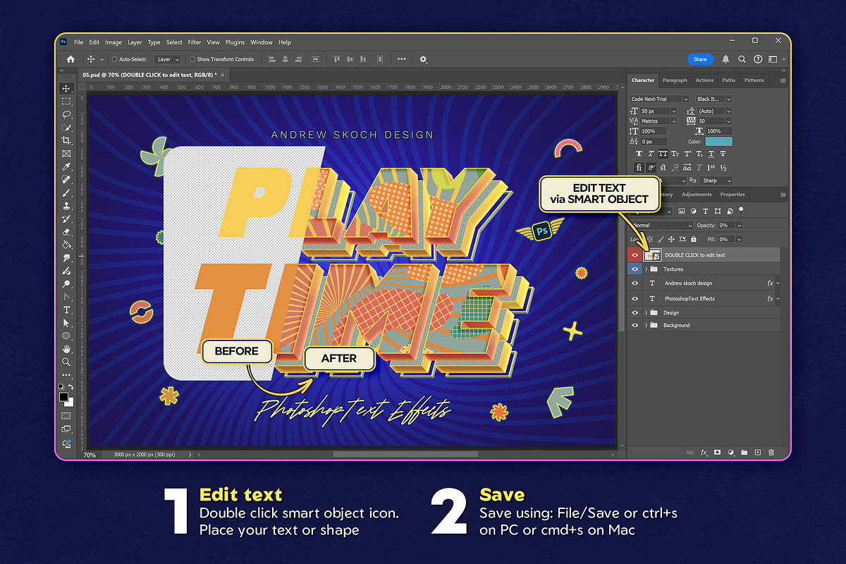 Sliced 3D Text Effects – 6 PSD, a Layer Style Add-On by Andrew Skoch Design (Photo 2 of 9)