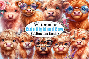 Watercolor Cute Highland Cow PNG