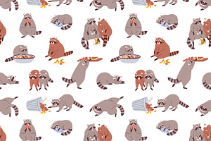 Cute Funny Raccoon Seamless Pattern