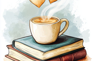A warm coffee cup rests on books wit, a Food & Drink Photo by Pixeness Studio