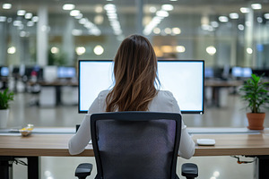 Successful businesswoman working on computer in business office, a Photo by AlyaAnd