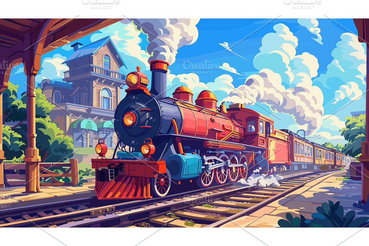 Vintage Steam Locomotive Arriving, a Transportation Illustration by LadadikArt