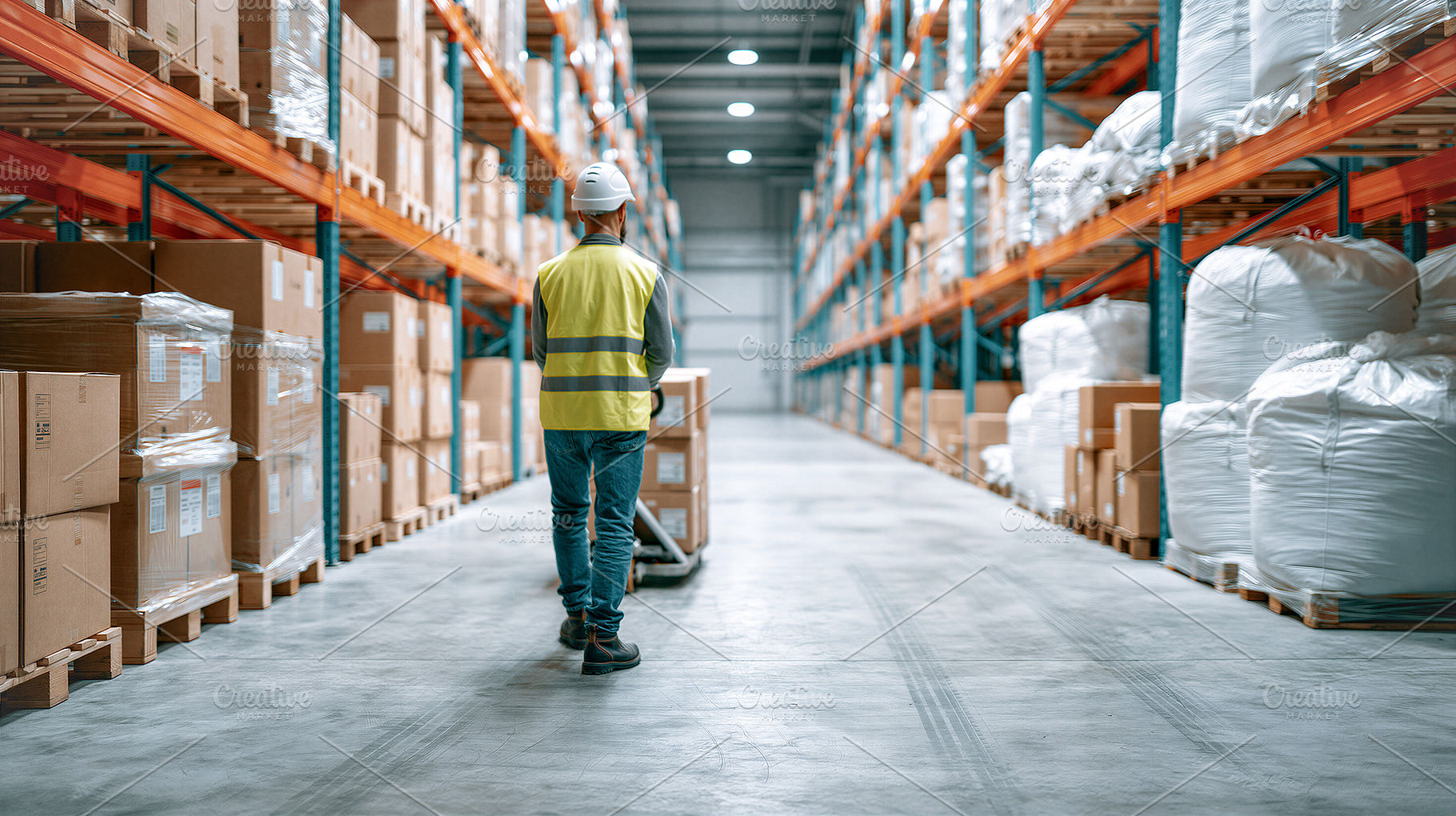 Warehouse worker moving pallet jack, an Industrial Photo by 7DesignLab