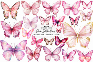 Pink Watercolor Butterflies Clipart, an Illustration by SinaCreation