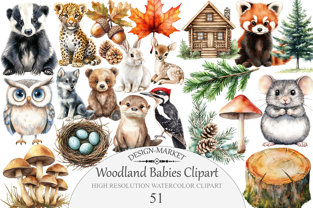 Watercolor Woodland Babies Clipart, an Illustration by Design Market (Photo 1 of 5)
