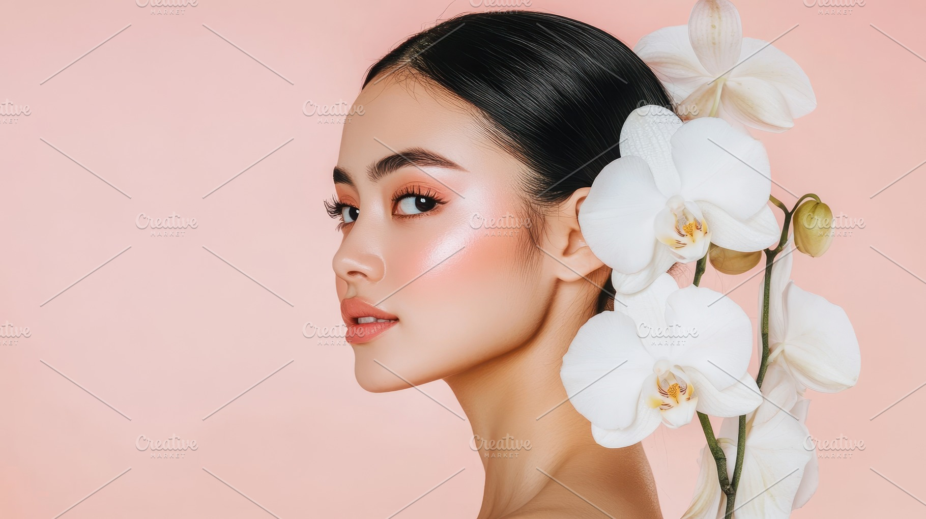A side profile of a young Asian woman with sleek black hair adorned with orchid, a Person Photo by Mashimara