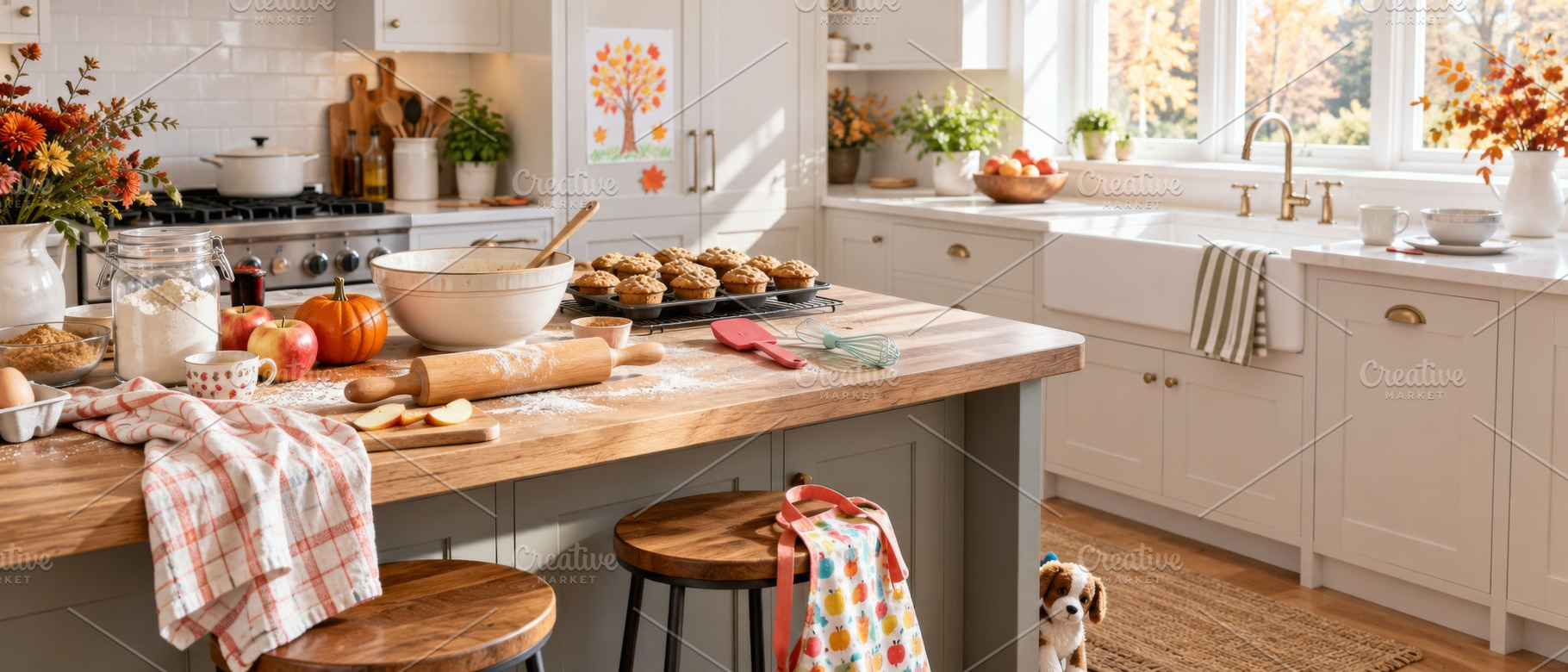 Autumn Thanksgiving kitchen with pum, a Photo by Dvoevnore photos