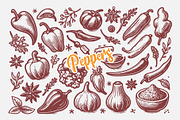 Hand Drawn Peppers and Herbs Coll, a Food Illustration by MkStudio (Thumbnail 1 of 3)