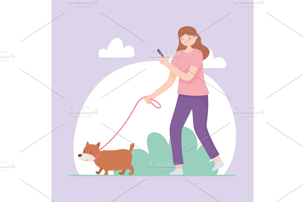 girl holding phone walking dog, a Person Illustration by studiogstock