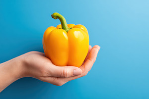 Hand holding a yellow bell pepper, a Food & Drink Photo by AlyaAnd