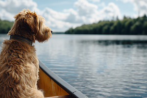 Dog sitting in a canoe on calm lake, an Animal Photo by MistyDay