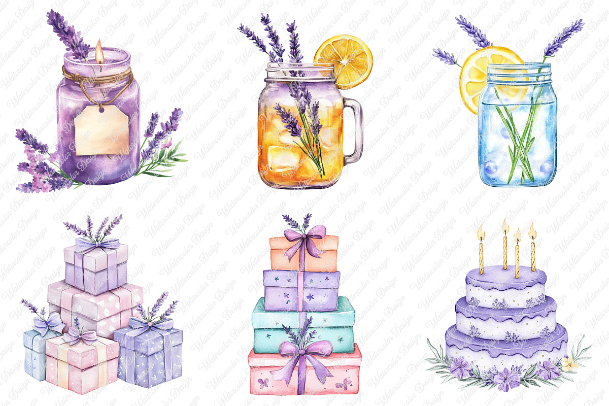 Lavender Floral Birthday Clipart, an Illustration by Watercolor design (Photo 3 of 11)