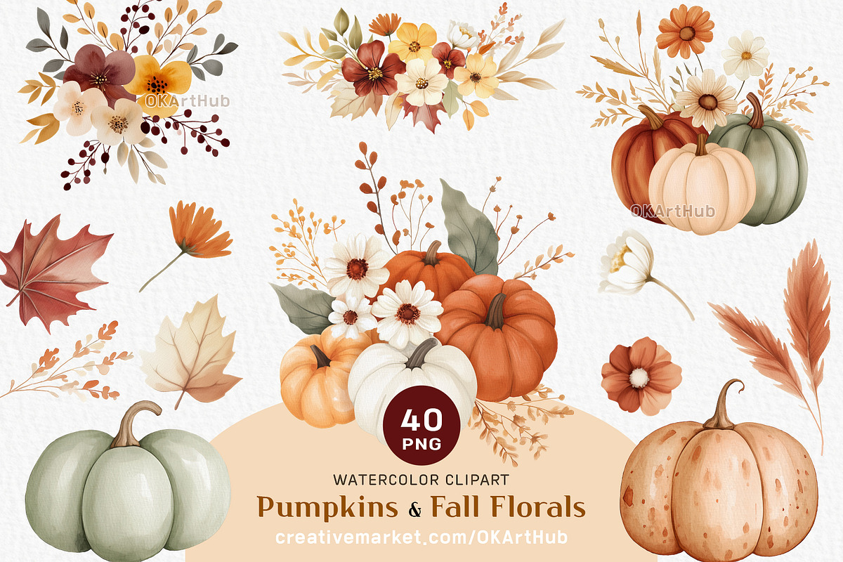 Autumn Pumpkins and Wildflowers, a Decorative Illustration by OKArtHub (Photo 1 of 6)