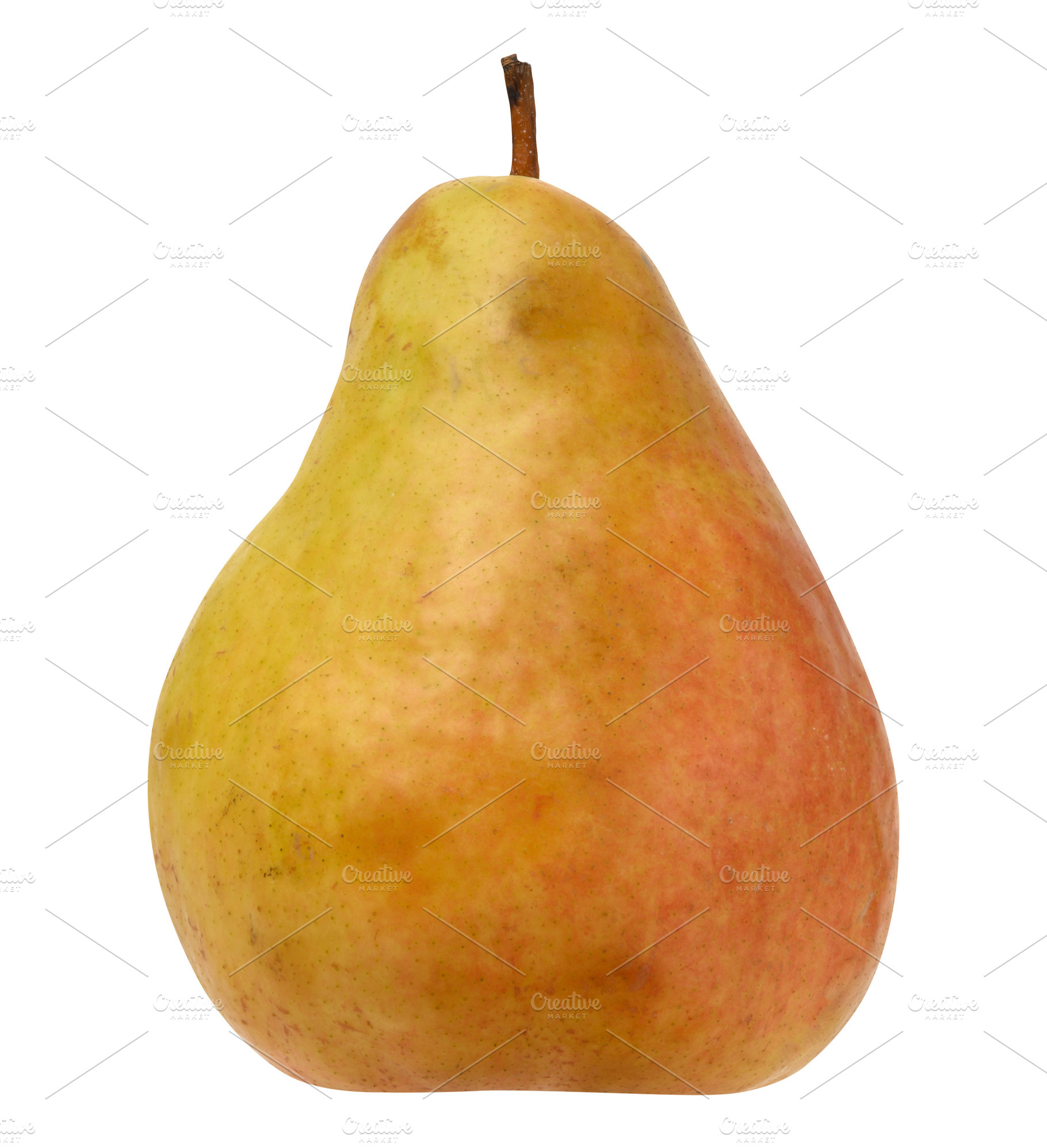Ripe yellow pear with a light blush and stem, whole ripe fruit, a Food & Drink Photo by ndanko