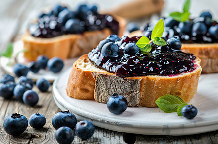 Toast breads with sweet blueberry jam on wooden table, a Food & Drink Photo by AlyaAnd