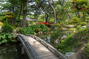 Wooden and red bridges in Shukkei-en Garden, Hiroshima, Japan, an Architecture Photo by GoodGoods