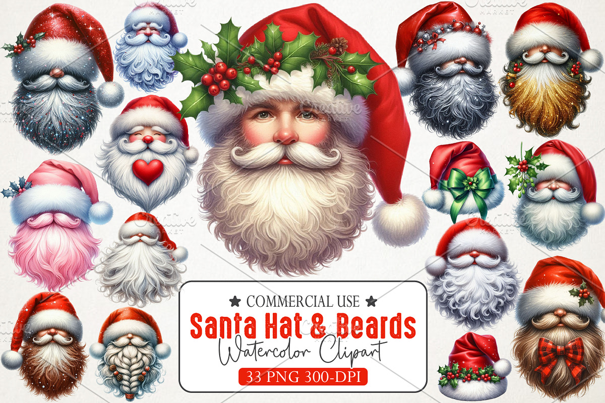 Santa Hat & Beards Clipart Pack, an Illustration by RobertsArt (Photo 1 of 7)