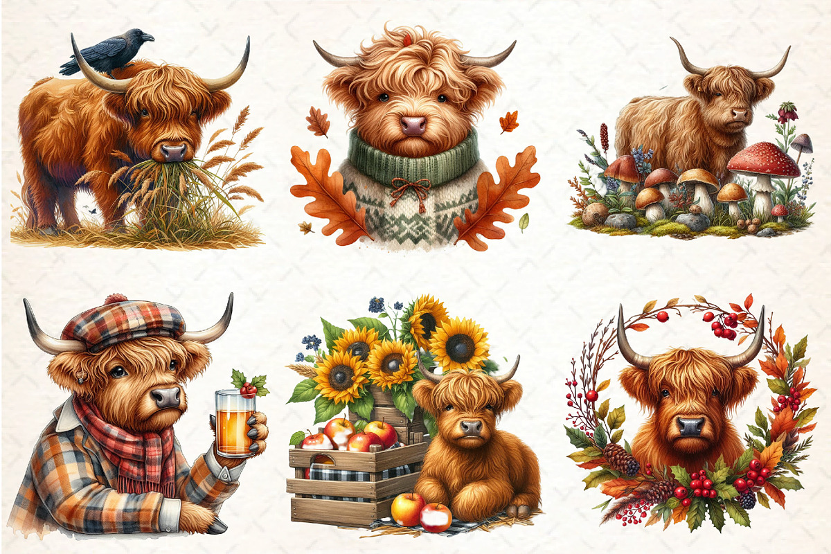Watercolor Autumn Highland Cow PNG, an Illustration by DreamCafeArt (Photo 3 of 6)