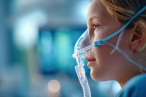 Young girl with oxygen mask in hospital setting, a Health & Medical Photo by AlyaAnd