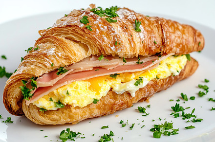 Croissant sandwich with meat, cheese and vegetables on white background, a Food & Drink Photo by AlyaAnd