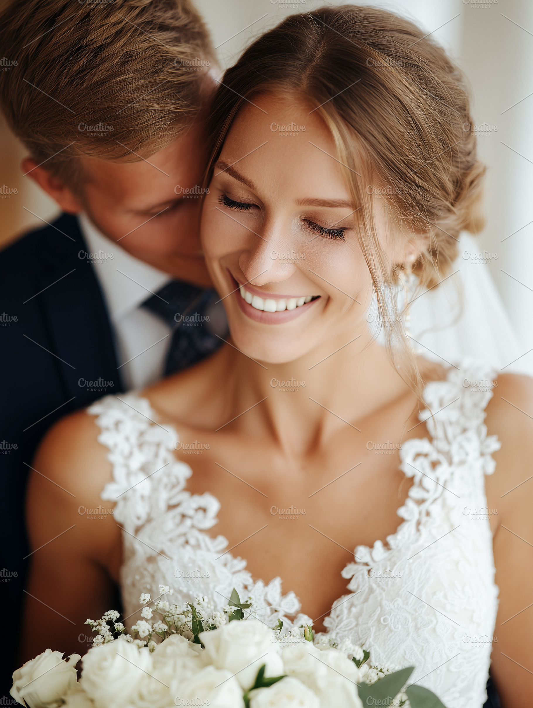 Joyful bride in a lace wedding dress, a Person Photo by MistyDay