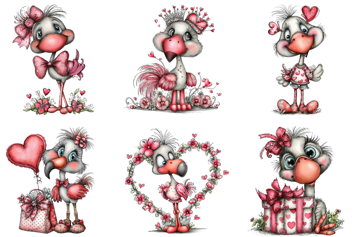 Whimsical Valentine Flamingo Clipart, an Illustration by CraftArtStudio (Photo 5 of 6)