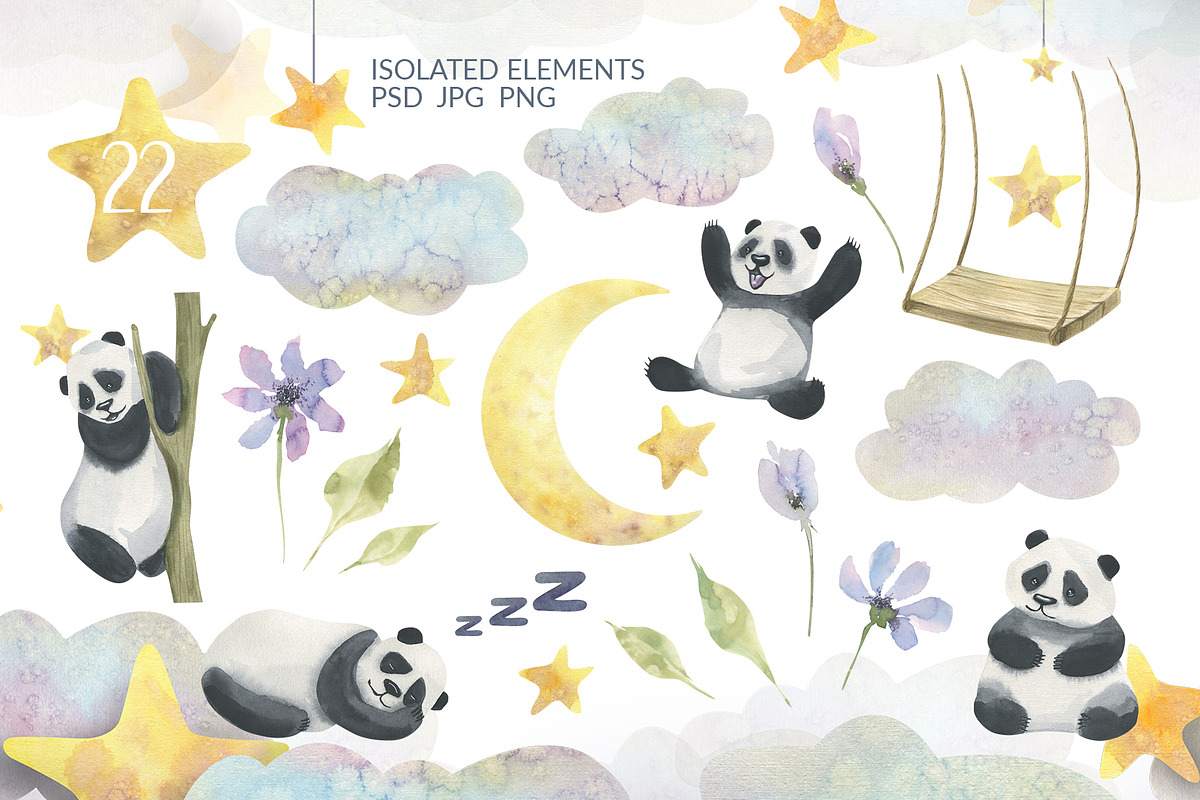 Pandas & Moon Dreamy Watercolor, an Animal Illustration by NATASHA CHU (Photo 2 of 13)