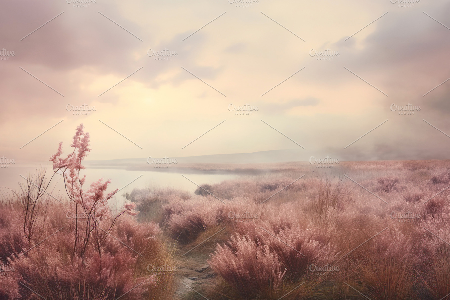 Tranquil Misty Heather Field with Cloudy Skyscape, a Nature Photo by Iconogenic
