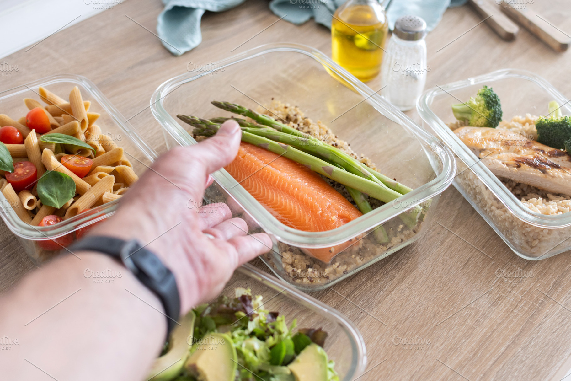 Healthy Meal Prep Containers with Salmon, Chicken and Fresh Vegetables, a Food & Drink Photo by etorres69