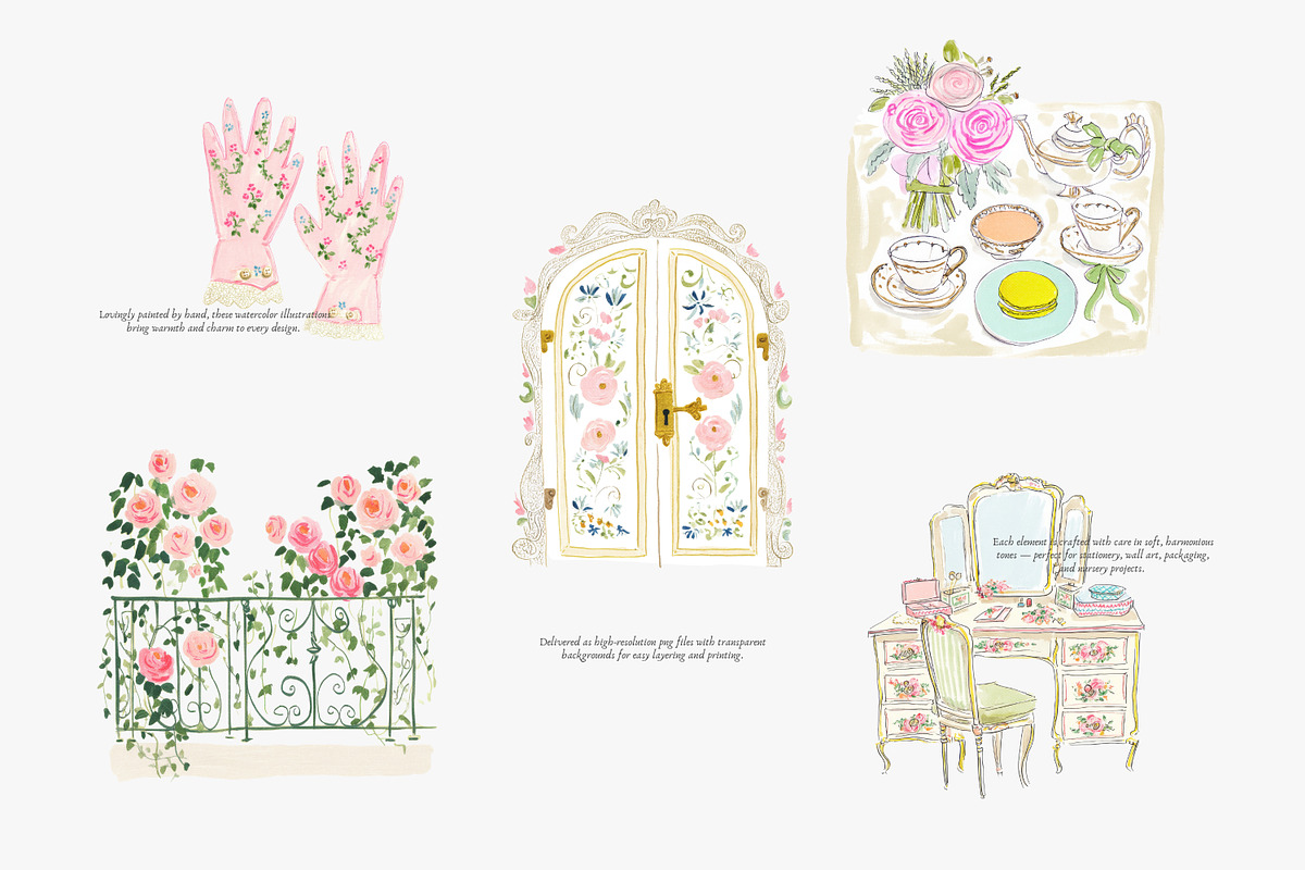 watercolor pastel rococo clipart set, a Decorative Illustration by Patishop Art (Photo 8 of 9)
