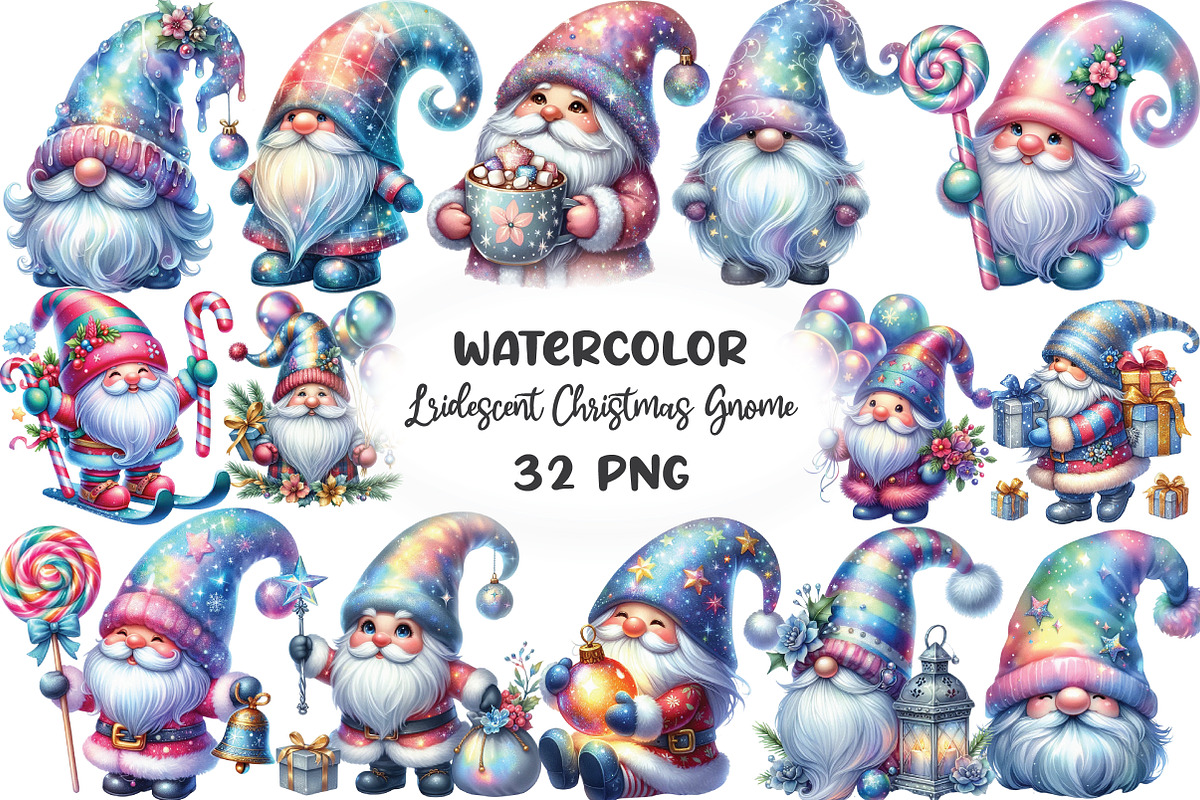 Lridescent Christmas Gnome Clipart, an Illustration by CraftArtStudio (Photo 1 of 6)
