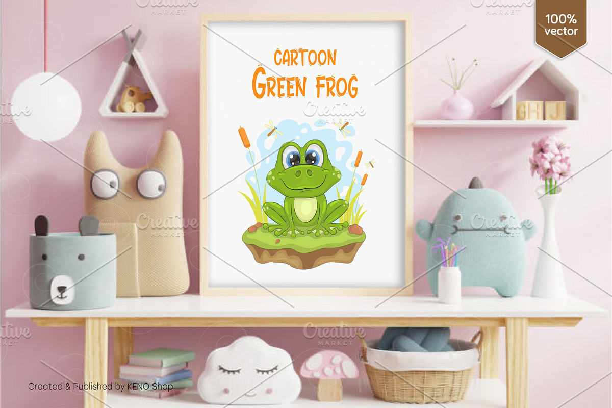 Cartoon green frog. Tshirt, PNG., an Animal Illustration by KENO Mascots (Photo 4 of 4)