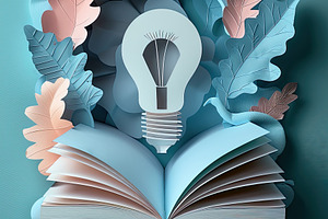 Open book with pastel pages surrounded by paper leaves and light, a Background Photo by José Manuel Gelpi