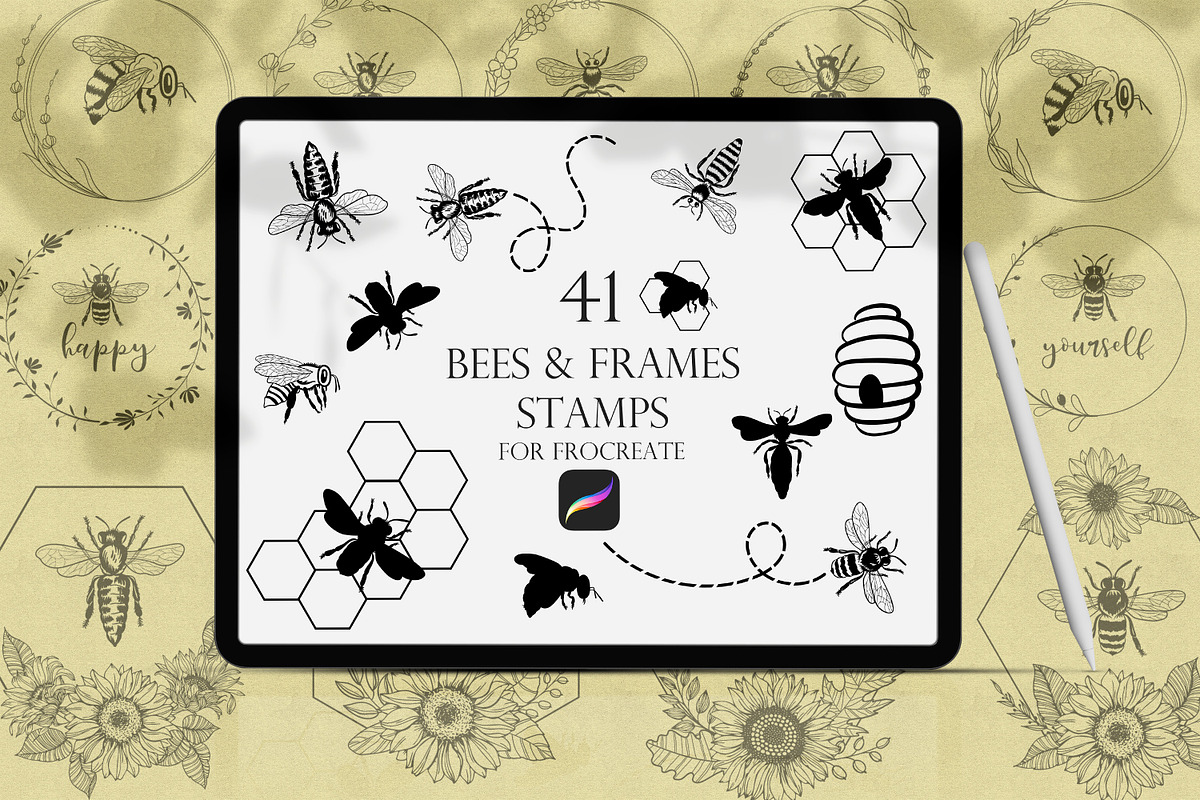 Bees Procreate Stamps, a Brush Add-On by Dervik Art Store (Photo 1 of 8)