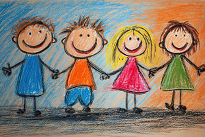 Cheerful children holding hands, a Photo by Pavel_design