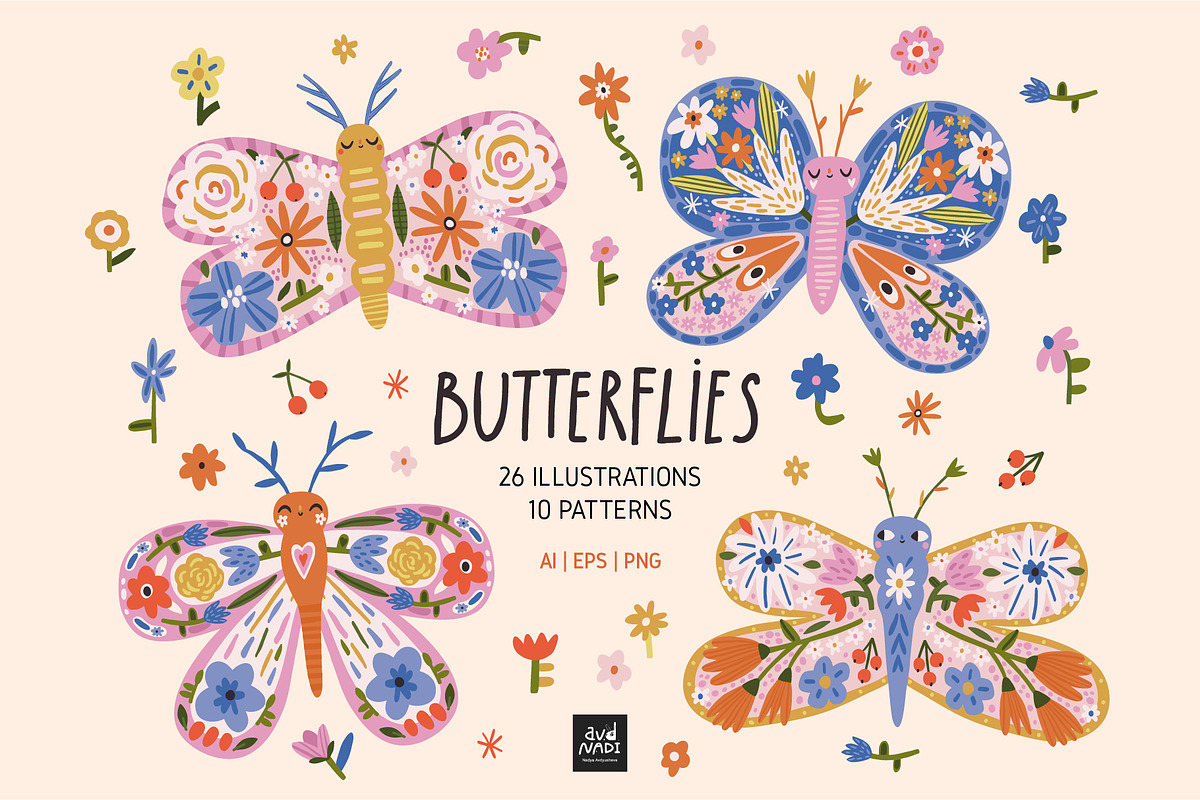 Floral Butterfly Clipart & Patterns, an Animal Illustration by avdnadi (Photo 1 of 9)