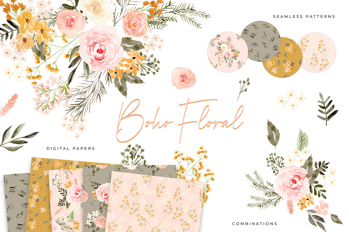 Boho Watercolor Florals & Patterns, an Illustration by PrettyGrandmillennial (Photo 1 of 6)