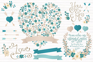 Vintage Blue Floral Heart & Banners, an Illustration by Amanda Ilkov