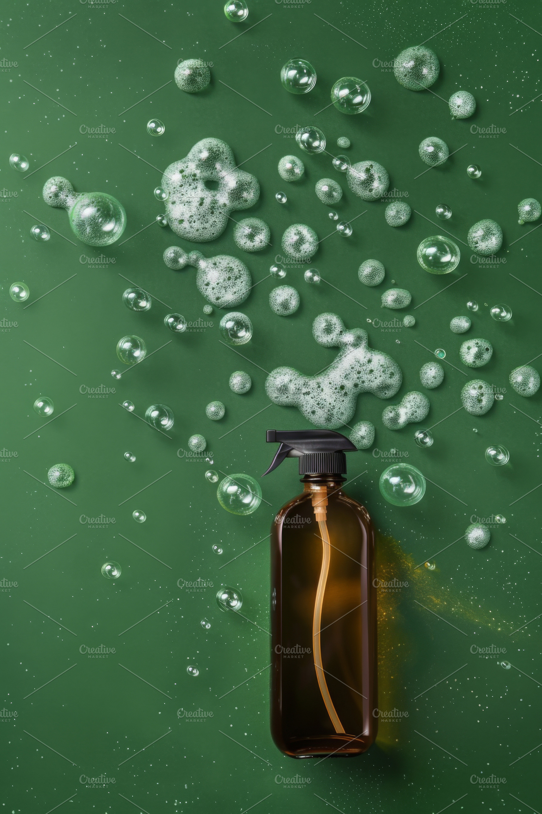 Spray bottle with green liquid and foam on green background, a Photo by Dvoevnore photos