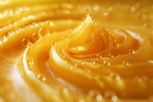Close-up of a vibrant yellow swirl with droplets, creating a mes, a Food & Drink Photo by ImageMir