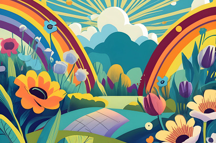 Whimsical Scene, Flowers, Rainbow, a Nature Photo by ArtHappyLoveLife