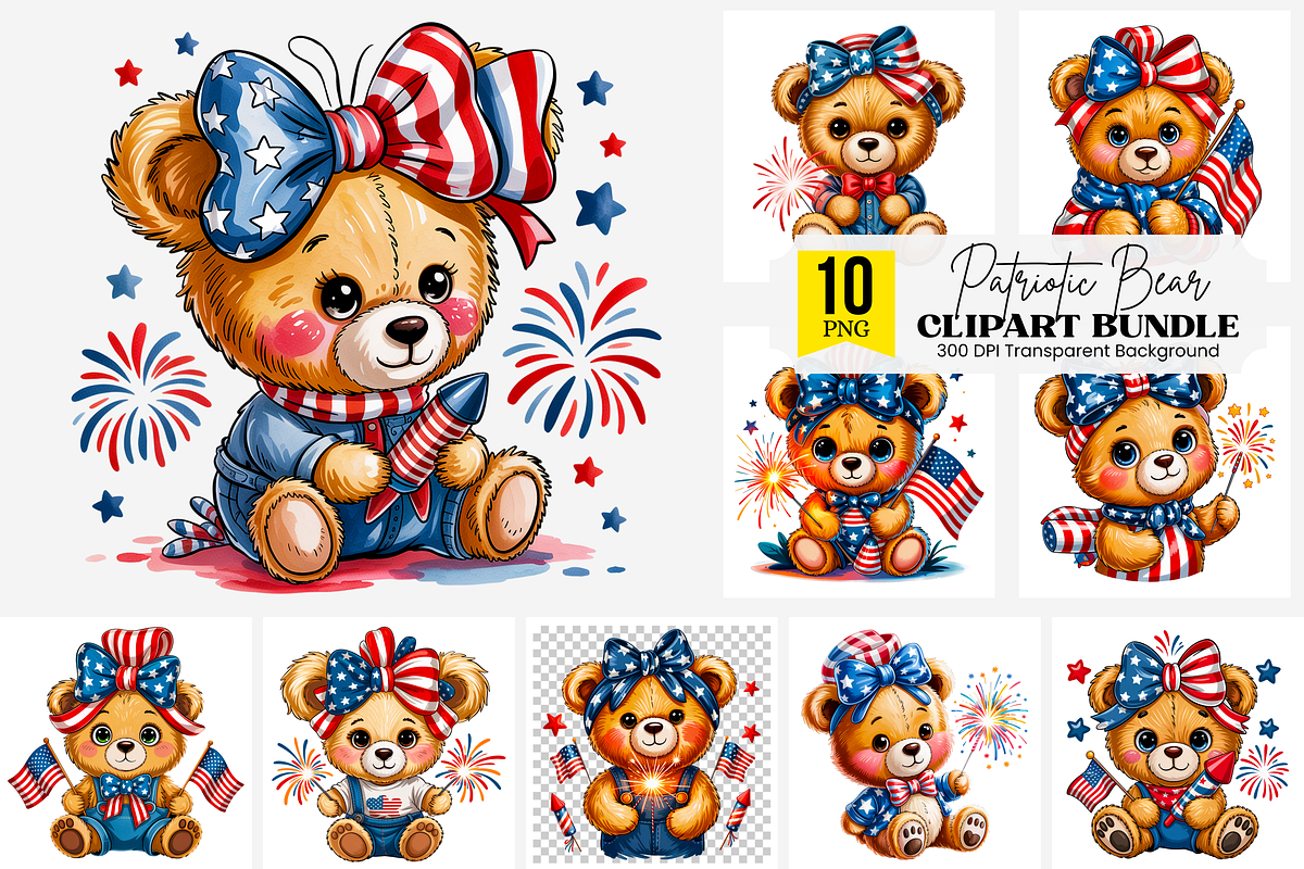 4th of July Cute Bear PNG Bundle, an Illustration by Clipart Bloom (Photo 1 of 11)