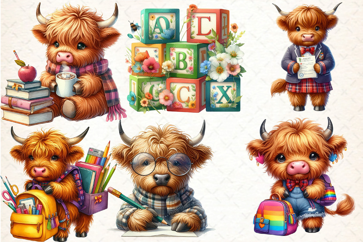 Back to School Highland Cow Clipart, an Illustration by DreamCafeArt (Photo 3 of 5)