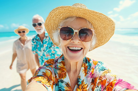 Happy Senior Friends Taking a Selfie on a Tropical Beach