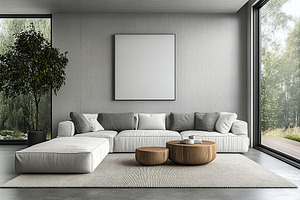 Modern living room with cozy furniture in a serene environment, a Photo by AlyaAnd
