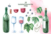 Wine and Grapes,watercolor clip art, a Food Illustration by SvetLana (Thumbnail 2 of 16)