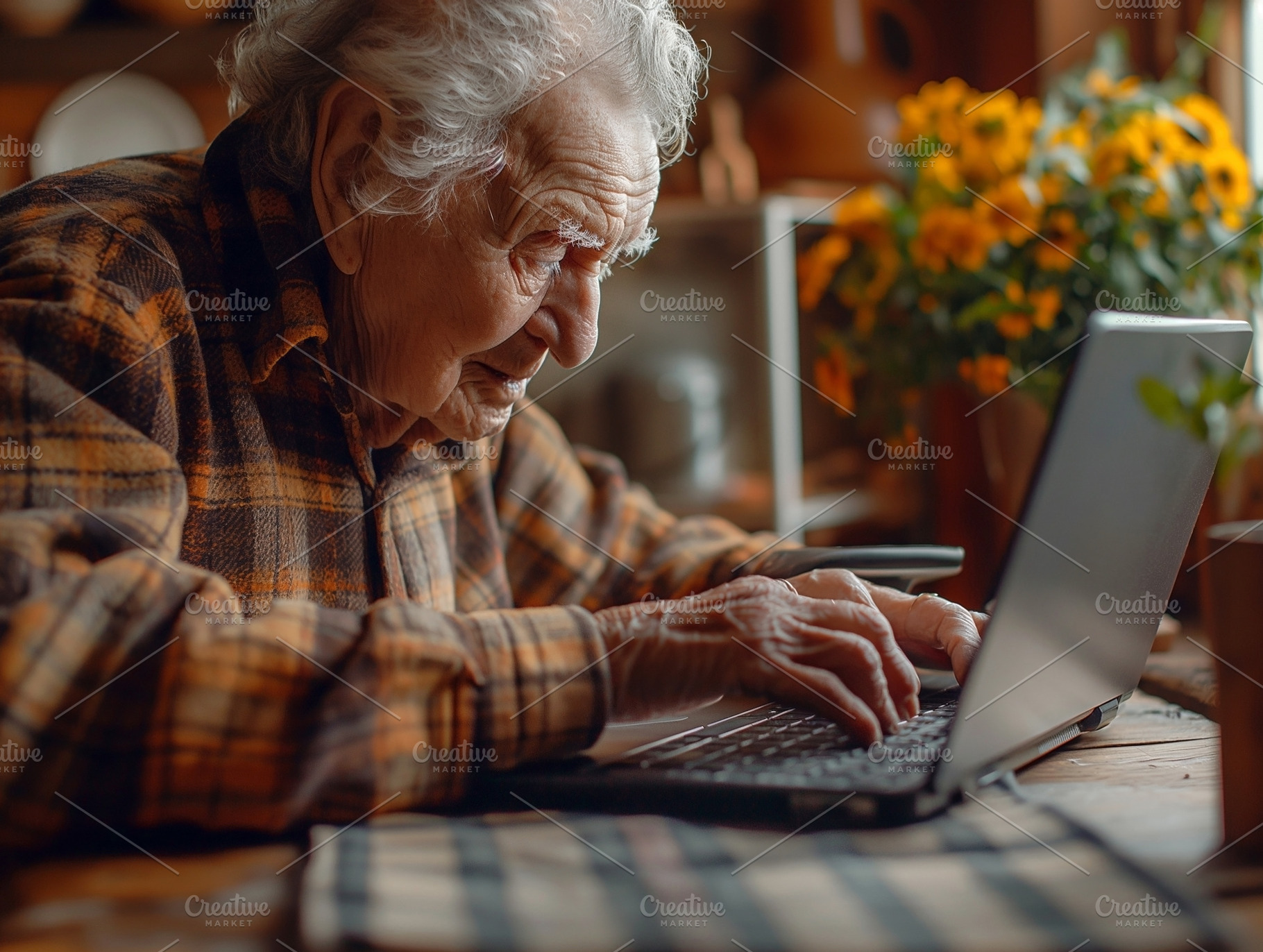 Elderly Caucasian man in a plaid shirt typing on a laptop, surrounded by vibran, a Person Photo by ImageMir
