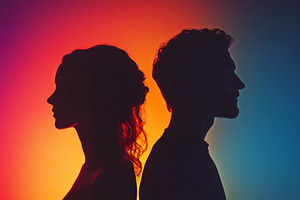 Silhouetted Man and Woman Back to Back with Vibrant Lighting, an Abstract Photo by Natalia Klenova's Shop