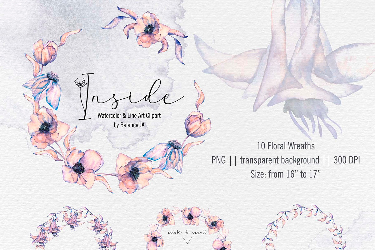 Inside Watercolor Floral Clipart, a Decorative Illustration by BalanceUA (Photo 12 of 19)