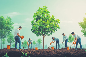 Men planting trees and watering them, a Photo by Pavel_design